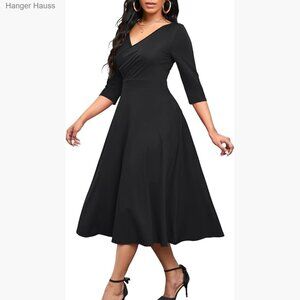 V-Neck Wrap Flared Midi Dress 3/4 Sleeve A-Line Wedding Guest Cocktail